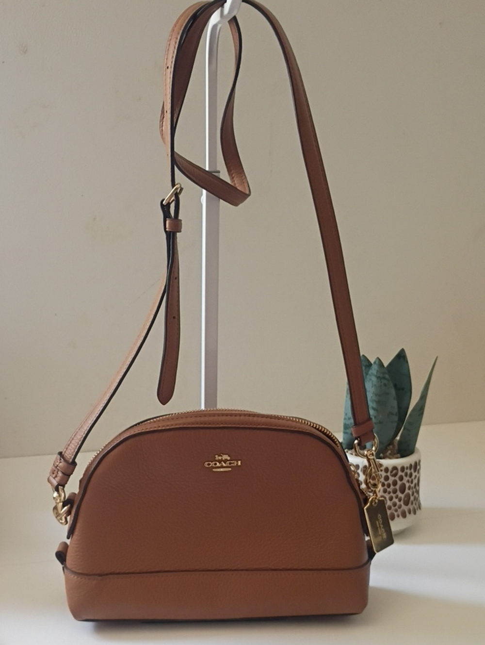 Coach Tan/Brown Pebbled Leather Dome Crossbody with Gold Hardware